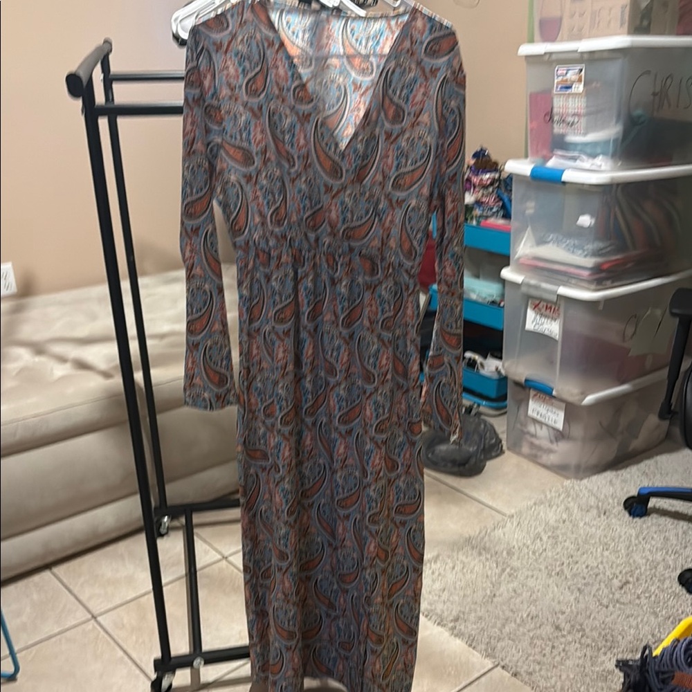 Brown and Orange Bell Sleeve V-Neck Sundress